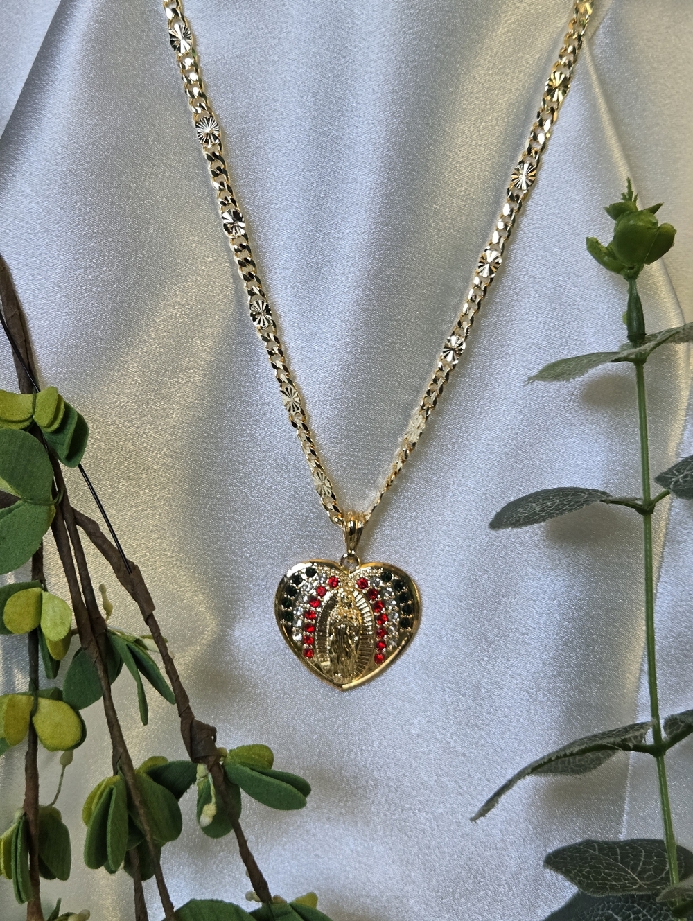 Virgen Of Guadalupe Multicolor Unisex Studded Stones Pendant Chain 5mmX22" Long